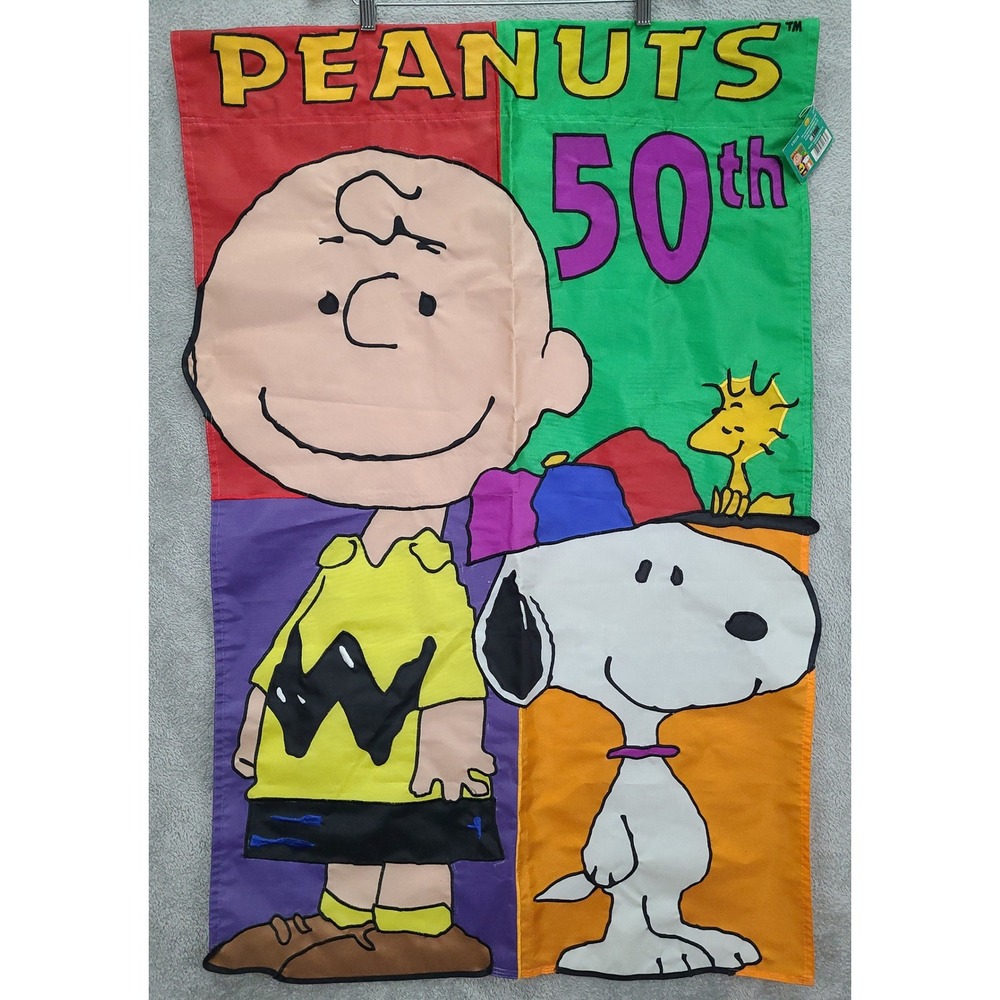 Vintage Peanuts 50th Anniversary House Flag Charlie Brown Snoopy Woodstock 27X43